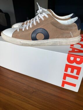 Oliver Cabell Tan Suede Sneakers with White Toe and Navy Accent